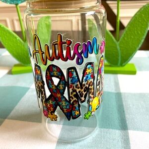 Glass tumbler with bamboo lid & straw - vinyl decal for Autism Awareness